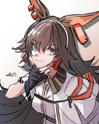 Rule 34 | &gt;:), 1girl, animal ears, april (arknights), arknights, black gloves, brown background, brown hair, closed mouth, earclip, fingerless gloves, gloves, gradient background, hair between eyes, hand up, harukan tiusu, highres, jacket, long hair, looking at viewer, open clothes, open jacket, purple eyes, shirt, short sleeves, signature, smile, solo, v-shaped eyebrows, very long hair, white background, white jacket, white shirt
