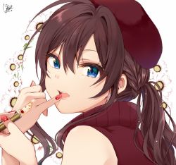 Rule 34 | 1girl, bare shoulders, blue eyes, braid, brown hair, cosmetics, dated, finger to mouth, floral background, flower, from side, hair between eyes, hands up, hat, holding, ichinose shiki, idolmaster, idolmaster cinderella girls, lips, lipstick tube, long hair, looking at viewer, looking to the side, nail polish, open mouth, pinky out, ponytail, red hat, red nails, red shirt, shirt, sidelocks, signature, sleeveless, sleeveless shirt, solo, tarachine, turtleneck, upper body, white background, white flower