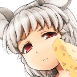 Rule 34 | 1girl, animal ears, cheese, close-up, commentary request, food, grey hair, looking at viewer, mouse ears, nazrin, red eyes, shirosato, short hair, simple background, solo, swiss cheese, touhou, white background