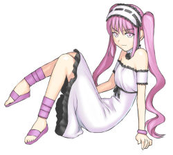Rule 34 | 00s, 1girl, arm support, bare shoulders, bracelet, dress, euryale (fate), fate/hollow ataraxia, fate/stay night, fate (series), frills, full body, goth fashion, hairband, jewelry, legs, long hair, looking at viewer, pink eyes, pink hair, ribbon, sandals, simple background, sitting, smile, solo, stheno (fate), tanaka shoutarou, twintails, very long hair, white background
