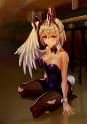 Rule 34 | 1girl, absurdres, alternate costume, animal ears, bare arms, bare shoulders, blurry, blurry background, blush, bow, bowtie, braid, breasts, brown pantyhose, c.rabbit, chair, cleavage, collarbone, commentary, covered navel, detached collar, fake animal ears, fake tail, feathered wings, french braid, hair between eyes, hairband, highres, indoors, kishin sagume, large breasts, leotard, lips, looking at viewer, no shoes, pantyhose, playboy bunny, purple bow, purple bowtie, purple hairband, rabbit ears, rabbit tail, red eyes, reflection, seiza, shiny clothes, shiny skin, short hair, silver hair, single wing, sitting, smile, solo, tail, thighband pantyhose, torn clothes, torn pantyhose, touhou, white wings, wing collar, wings