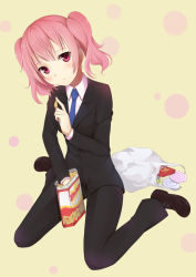 Rule 34 | 10s, 1girl, bad id, bad pixiv id, bag, blush, candy, food, formal, holding, inu x boku ss, lollipop, looking at viewer, necktie, pink eyes, pink hair, pocky, roromiya karuta, shopping bag, short twintails, sitting, solo, suit, swirl lollipop, taiyaki (astre), twintails, wariza