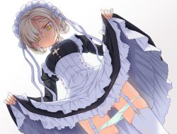 Rule 34 | 1girl, apron, azur lane, bad id, bad pixiv id, beige background, blonde hair, braid, clothes lift, collar, commentary request, cowboy shot, cross, dress, dress lift, dutch angle, garter straps, gradient background, green panties, hair over one eye, highres, ina (inadahime), juliet sleeves, lifted by self, long sleeves, looking at viewer, maid, maid headdress, panties, panty pull, puffy sleeves, sheffield (azur lane), short hair, skirt, skirt lift, solo, thighhighs, underwear, white apron, white background, white thighhighs, yellow eyes