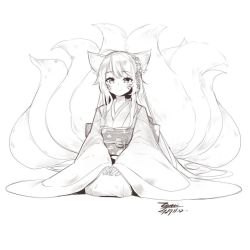 Rule 34 | 1girl, ahri (league of legends), animal ears, blush, closed mouth, dated, ejami, facial mark, fox ears, fox girl, fox tail, greyscale, japanese clothes, kimono, league of legends, long hair, looking at viewer, monochrome, multiple tails, signature, simple background, smile, solo, tail, whisker markings, white background