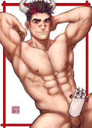 Rule 34 | 1boy, abs, arms behind head, bandaid, bandaid on face, bandaid on nose, bara, black hair, censored, chest hair, chinese zodiac, completely nude, cow boy, cow horns, earrings, erection, facial hair, greenteaa, happy new year, highres, horns, jewelry, large pectorals, male focus, male pubic hair, mature male, multicolored hair, muscular, muscular male, navel, navel hair, new year, nipples, nude, original, pectorals, penis, pubic hair, red hair, short hair, smile, solo, spread legs, stomach, streaked hair, stubble, thighs, year of the ox