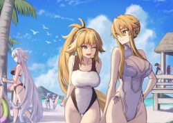 Rule 34 | 6+girls, ahoge, artoria pendragon (all), artoria pendragon (fate), artoria pendragon (swimsuit ruler) (fate), artoria pendragon (swimsuit ruler) (second ascension) (fate), bare shoulders, beach, bikini, bird, blonde hair, blue eyes, blue sky, braid, breasts, brown hair, caenis (fate), caenis (swimsuit rider) (fate), cleavage, cloud, collarbone, commission, competition swimsuit, day, fate/grand order, fate (series), green eyes, hair between eyes, highleg, highleg swimsuit, janoukyo19, jeanne d&#039;arc (fate), jeanne d&#039;arc (swimsuit archer) (fate), jeanne d&#039;arc (swimsuit archer) (second ascension) (fate), jeanne d&#039;arc alter (fate), jeanne d&#039;arc alter (swimsuit berserker) (fate), large breasts, long hair, mordred (fate), mordred (fate) (all), mordred (swimsuit rider) (fate), multiple girls, mysterious heroine x (fate), ocean, one-piece swimsuit, open mouth, outdoors, palm tree, ponytail, scathach (fate), scathach (fate/grand order), scathach (swimsuit assassin) (fate), scathach skadi (fate), short hair, sidelocks, skeb commission, sky, smile, standing, swimsuit, tree, very long hair, white hair, white one-piece swimsuit, white swimsuit