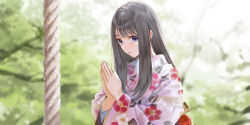 Rule 34 | 1girl, absurdres, blue eyes, blue reflection (series), blue reflection sun, blush, commentary request, floral print, grey hair, hatsumoude, highres, japanese clothes, kasuga shiho, kimono, kishida mel, long hair, looking at viewer, new year, official art, outdoors, own hands clasped, own hands together, parted lips, rope, solo, upper body
