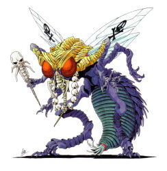 Rule 34 | animal print, artist name, beelzebub (megami tensei), bug, carapace, claws, compound eyes, extra arms, fangs, fly, highres, insect, insect wings, kazuma kaneko, necklace, no humans, official art, retro artstyle, shin megami tensei, skull and crossbones, skull necklace, solo, staff, tiger print, wings