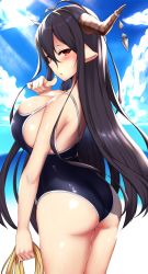 Rule 34 | 10s, 1girl, absurdres, ass, beach, black hair, blush, breasts, cleavage, danua, draph, granblue fantasy, highres, horns, huge breasts, long hair, looking at viewer, looking back, one-piece swimsuit, oogatazin, pointy ears, red eyes, school swimsuit, sideboob, solo, standing, swimsuit, very long hair, water
