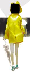 Rule 34 | 1girl, aq ll, blue footwear, brown hair, censored, commentary request, full body, highres, hood, hood up, identity censor, jacket, long sleeves, original, shoes, short hair, solo, umbrella, yellow jacket, yellow raincoat