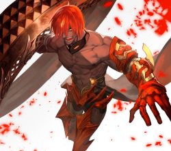 Rule 34 | 1boy, ashwatthama (fate), dark-skinned male, dark skin, fate/grand order, fate (series), fire, gauntlets, highres, lack, male focus, manly, muscular, open mouth, pectorals, red hair, simple background, solo, topless male, white background, yellow eyes