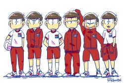 Rule 34 | 10s, 6+boys, :&lt;, :3, arm up, bad id, bad twitter id, brothers, brown hair, clothes around waist, closed eyes, gym shirt, gym shorts, gym uniform, hands in pockets, heart, heart in mouth, high contrast, jacket, jacket around waist, jitome, lineup, male focus, matsuno choromatsu, matsuno ichimatsu, matsuno jyushimatsu, matsuno karamatsu, matsuno osomatsu, matsuno todomatsu, messy hair, multiple boys, osomatsu-kun, osomatsu-san, pulaco, sextuplets, shirt, shorts, siblings, simple background, sleeves past wrists, smile, track jacket, track suit, twitter username, white background
