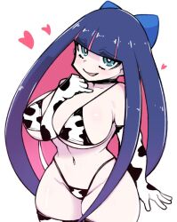 Rule 34 | 1girl, animal print, black choker, black hair, blue bow, bow, breasts, choker, cleavage, colored inner hair, commentary, cow print, cow print bikini, cowboy shot, curvy, elbow gloves, gloves, groin, hair bow, haseru (ginku mh), heart, hime cut, huge breasts, large breasts, long hair, looking at viewer, multicolored hair, open mouth, panty &amp; stocking with garterbelt, print bikini, simple background, solo, stocking (psg), symbol-only commentary, thick thighs, thighhighs, thighs, two-tone hair, white background, wide hips