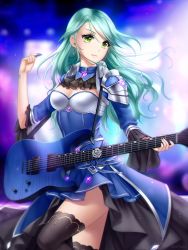 Rule 34 | 1girl, aqua hair, armor, bang dream!, black thighhighs, blue skirt, blurry, blurry background, breasts, cleavage, closed mouth, commission, floating hair, gigamessy, green eyes, hikawa sayo, holding, holding instrument, instrument, long hair, long sleeves, medium breasts, miniskirt, pauldrons, pleated skirt, shoulder armor, sitting, skirt, solo, thighhighs, waist cape