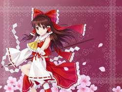 Rule 34 | 1girl, ascot, bare shoulders, bow, brown eyes, brown hair, cherry blossoms, detached sleeves, female focus, flower, gohei, hair bow, hakurei reimu, highres, japanese clothes, long hair, midriff peek, miko, petals, ribbon, sleeves past wrists, smile, solo, touhou, tucana, wallpaper