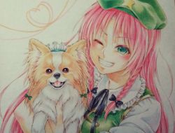Rule 34 | 1girl, bow, braid, carrying, carrying under arm, colored pencil (medium), cosplay, dog, green eyes, grey background, grin, hair bow, hat, heart, heart of string, highres, hong meiling, izayoi sakuya, izayoi sakuya (cosplay), long hair, looking at viewer, maid headdress, nora wanko, one eye closed, papillon (dog), pink hair, simple background, smile, solo, star (symbol), touhou, traditional media, twin braids, upper body, wink