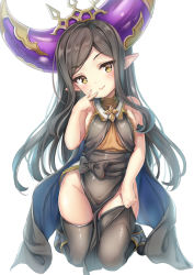 Rule 34 | 1girl, :&gt;, adjusting clothes, adjusting legwear, arulumaya, bare shoulders, black thighhighs, blush, breasts, brown hair, closed mouth, dress, ecou, full body, granblue fantasy, groin, harvin, head tilt, kneeling, long hair, looking at viewer, pointy ears, small breasts, solo, thighhighs, v-shaped eyebrows, very long hair, white background, yellow eyes