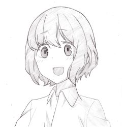 Rule 34 | :d, blush, collared shirt, greyscale, highres, k terukazu, looking to the side, monochrome, open mouth, scan, shima saki, shirt, short hair, simple background, smile, swept bangs, traditional media, wavy hair, white background, yurucamp