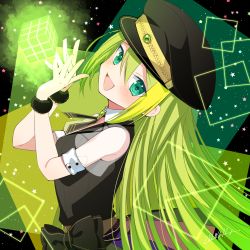 Rule 34 | 1girl, :d, alina gray, aqua eyes, black bow, black hat, black necktie, black vest, bow, brooch, chain, collar, commentary, cross tie, cube, detached collar, dot nose, from side, fur cuffs, gem, green background, green gemstone, green hair, hair between eyes, hat, head tilt, highres, jewelry, l (matador), long hair, magia record: mahou shoujo madoka magica gaiden, magical girl, mahou shoujo madoka magica, miniskirt, multicolored clothes, multicolored hair, multicolored skirt, necktie, open mouth, peaked cap, pleated skirt, puffy short sleeves, puffy sleeves, see-through, see-through sleeves, short sleeves, sidelocks, signature, skirt, sleeve cuffs, smile, solo, square, star (symbol), straight hair, streaked hair, striped clothes, striped skirt, upper body, vertical-striped clothes, vertical-striped skirt, very long hair, vest, waist bow, white collar, white sleeves