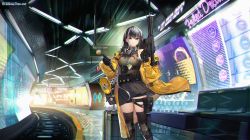 Rule 34 | 1girl, 504 gateway, artist name, black gloves, black hair, black thighhighs, breasts, chromatic aberration, coat, colt 9mm smg, girls&#039; frontline, gloves, gun, heterochromia, highres, holding, holding gun, holding weapon, large breasts, long hair, looking at viewer, official art, railroad tracks, red eyes, ro635 (girls&#039; frontline), scenery, solo, submachine gun, subway station, thighhighs, weapon, yellow coat, yellow eyes, zettai ryouiki
