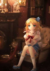 Rule 34 | 1girl, alice margatroid, alice margatroid (pc-98), armchair, blonde hair, bookshelf, bow, rabbit, candle, chair, convenient leg, female focus, fireplace, frills, green eyes, indoors, looking at viewer, mary janes, puffy sleeves, ribbon, shoes, short hair, shoulder straps, sitting, skirt, sora (yukimi shiro), touhou, touhou (pc-98)