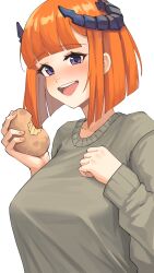 Rule 34 | 1girl, :d, absurdres, alternate costume, alternate hair length, alternate hairstyle, arknights, bagpipe (arknights), blunt bangs, bob cut, breasts, commentary, food, grey sweater, highres, holding, holding food, horns, large breasts, long sleeves, open mouth, orange hair, potato, purple eyes, radioneet, short hair, simple background, smile, solo, sweater, upper body, white background