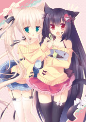 Rule 34 | 2girls, animal ears, bare shoulders, black hair, blonde hair, blush, bow, candy, cat ears, cat tail, chocolate, chocolate heart, chocolate on face, choker, fang, food, food on face, garter straps, green eyes, hair ornament, hair ribbon, heart, heart hair ornament, long hair, mixing bowl, multiple girls, original, red eyes, ribbon, ribbon choker, skirt, smile, spatula, sumii, sweater, tail, thighhighs, twintails, very long hair, zettai ryouiki