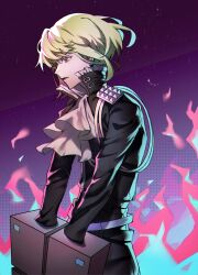 Rule 34 | 1boy, androgynous, ascot, belt, black jacket, black pants, blonde hair, box, chin, chinese commentary, collar, collared jacket, commentary request, denim, eyelashes, fire, frilled collar, frills, frown, gradient background, high collar, highres, jacket, jeans, komatsu2536, lio fotia, looking ahead, lower teeth only, no hands, open mouth, pants, pink eyes, promare, purple background, rope, short hair, single shoulder pad, teeth, v-shaped eyebrows, white ascot, white belt
