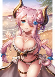 Rule 34 | 10s, 1girl, beach, bikini, blue eyes, blush, breasts, butterfly earrings, cleavage, cloud, collarbone, day, double bun, draph, earrings, gluteal fold, granblue fantasy, hair ornament, hair over one eye, heart, highres, horns, jewelry, large breasts, light purple hair, lock, long hair, looking at viewer, low tied hair, mk, narmaya (granblue fantasy), narmaya (summer) (granblue fantasy), navel, ocean, outdoors, palm tree, pointy ears, sand, sky, smile, solo, swimsuit, thigh strap, tree, water, wet, white bikini