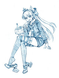 Rule 34 | 10s, 1girl, :d, amatsukaze (kancolle), bbb (friskuser), blue theme, crossed legs, fang, garter straps, hair tubes, hairband, kantai collection, long hair, looking at viewer, monochrome, open mouth, rensouhou-kun, school uniform, serafuku, shoe dangle, simple background, sitting, smile, striped clothes, striped legwear, striped thighhighs, thighhighs, traditional media, two side up, white background