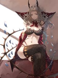 Rule 34 | 1girl, ayacho, bikini, blue eyes, bow, bracelet, breasts, cape, carmilla (fate), cleavage, crossed legs, detached sleeves, fate/grand order, fate/grand order arcade, fate (series), fingernails, grey hair, hand on own chest, head wings, highres, horns, jewelry, large breasts, long fingernails, long hair, multiple rings, navel, official alternate costume, pale skin, ring, sitting, solo, stomach, swimsuit, thighhighs, thorns, wings