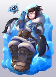 Rule 34 | 1girl, ^ ^, animal, bad id, bad pixiv id, bag, beads, belt pouch, bird, black-framed eyewear, blue gloves, boots, bowl, breasts, brown footwear, brown hair, closed eyes, closed mouth, coat, eating, food, full body, fur-trimmed boots, fur trim, glasses, gloves, grey background, hage2013, hair bun, hair ornament, hair stick, happy, holding, holding spoon, ice, knee boots, large breasts, mei (overwatch), overwatch, overwatch 1, penguin, pouch, robot, shaved ice, short hair, sidelocks, single hair bun, sitting, smile, snow boots, snowball (overwatch), spoon, swept bangs, throne