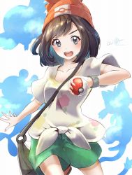 Rule 34 | 1girl, :d, bag, beanie, black hair, blush, bracelet, clear glass (mildmild1311), collarbone, commentary request, creatures (company), eyelashes, floral print, game freak, glint, green shorts, grey eyes, hat, highres, holding, holding poke ball, jewelry, looking at viewer, nintendo, open mouth, poke ball, poke ball (basic), pokemon, pokemon sm, selene (pokemon), shirt, short shorts, short sleeves, shorts, shoulder bag, signature, smile, solo, t-shirt, teeth, tied shirt, tongue, upper teeth only, z-ring