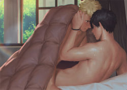 Rule 34 | 2boys, amamiya ren, bed sheet, black hair, blanket, blonde hair, bracelet, curtains, implied sex, indoors, jewelry, looking at another, lying, male focus, multiple boys, nude, on back, paid reward available, penguin frontier, persona, persona 5, sakamoto ryuuji, short hair, sweat, window, yaoi