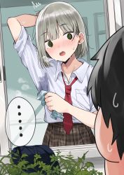 Rule 34 | ..., 1boy, 1girl, ^^^, arm up, bag, black hair, blunt bangs, blush, breast pocket, brown skirt, collared shirt, grey shirt, highres, looking at another, medium hair, mole, mole under eye, motto notto, necktie, open mouth, original, plaid, plaid skirt, pleated skirt, pocket, red necktie, shirt, shirt tucked in, skirt, sweat