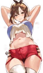 Rule 34 | 1girl, alracoco, armpits, arms behind head, atelier (series), atelier ryza, atelier ryza 1, beret, bow, bracelet, breasts, brown eyes, brown hair, hair bow, hair ornament, hairclip, hat, jewelry, large breasts, looking at viewer, midriff, navel, red shorts, reisalin stout, shirt, shirt overhang, short shorts, shorts, sleeveless, sleeveless shirt, solo, sweat, sweatdrop, thigh gap, thighhighs, white hat, white thighhighs