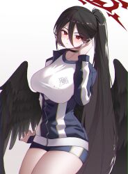 Rule 34 | 1girl, absurdres, akira (if eyeeye), black choker, black hair, black wings, blue archive, blush, breasts, choker, collarbone, commentary, feathered wings, gym shirt, gym shorts, gym uniform, hair between eyes, halo, hasumi (blue archive), hasumi (track) (blue archive), highres, jacket, large breasts, large wings, long hair, long sleeves, looking at viewer, mole, mole under eye, official alternate costume, official alternate hairstyle, open clothes, open jacket, red eyes, shirt, shorts, sidelocks, simple background, solo, track jacket, white background, white shirt, wings, zipper