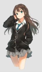Rule 34 | 10s, 1girl, adjusting hair, blue eyes, brown hair, cardigan, earphones, earrings, green eyes, grey background, hand in pocket, idolmaster, idolmaster cinderella girls, jewelry, jpeg artifacts, long hair, looking at viewer, md5 mismatch, miniskirt, necklace, necktie, pleated skirt, resized, resolution mismatch, shibuya rin, shirabi, simple background, skirt, solo, source larger