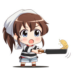Rule 34 | 1girl, :o, blue eyes, blue shorts, blush, brown footwear, brown hair, chibi, food, frying pan, full body, hair between eyes, head scarf, high ponytail, holding, holding frying pan, idolmaster, idolmaster million live!, lielos, long hair, looking away, open mouth, ponytail, satake minako, shadow, shirt, shoes, shorts, sidelocks, solo, standing, striped clothes, striped shirt, sweat, v-shaped eyebrows, white background
