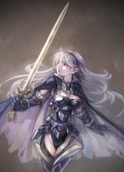 Rule 34 | 1girl, armor, armored leotard, black armor, black hairband, black leotard, breasts, cape, cleavage, corrin (female) (fire emblem), corrin (female) (nohr noble) (fire emblem), corrin (fire emblem), faulds, fire emblem, fire emblem fates, floating hair, gauntlets, grey background, hair between eyes, hairband, highres, holding, holding sword, holding weapon, leotard, long hair, looking away, medium breasts, misaomaru, nintendo, official alternate costume, pointy ears, red eyes, revealing clothes, silver hair, solo, standing, sword, thighs, torn cape, torn clothes, very long hair, weapon, white hair