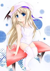 Rule 34 | 1girl, absurdres, amano sumi, bad id, bad pixiv id, bench, blonde hair, blue eyes, cape, fisheye, highres, kai-ogre, little busters!, long hair, noumi kudryavka, one-piece swimsuit, perspective, school swimsuit, solo, swimsuit, thighhighs, white school swimsuit, white one-piece swimsuit