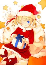 Rule 34 | 1girl, blue eyes, drill hair, gift, grin, hat, holding, holding gift, kurasuke, looking at viewer, one eye closed, original, panties, sack, santa costume, santa hat, smile, solo, striped clothes, striped panties, thighhighs, twin drills, twintails, underwear, wink
