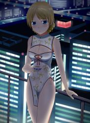 Rule 34 | 10s, 1girl, against railing, bare shoulders, blonde hair, blue eyes, blush, braid, breasts, china dress, chinese clothes, city lights, cityscape, cleavage, cleavage cutout, clothing cutout, cup, darjeeling (girls und panzer), dress, girls und panzer, highleg, highres, against railing, legs, medium breasts, railing, solo, tea, teacup, thighs