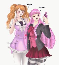 Rule 34 | 2girls, bare legs, blue eyes, breasts, brown hair, casual, charlotte pudding, cleavage, highres, holding, holding phone, large breasts, lips, lipstick, long hair, looking to the side, makeup, multiple girls, one eye closed, one piece, open mouth, perona, phone, pink eyes, pink hair, school uniform, selfie, shiny skin, simple background, size comparison, size difference, skirt, smile, striped legwear, tsan (entity780x), twintails, upper body, v, very long hair, white background, wink