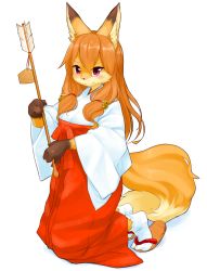 Rule 34 | 1girl, absurdres, animal ear fluff, animal ears, animal hands, animal nose, arrow (projectile), bell, blush, body fur, borrowed character, brown fur, claws, closed mouth, female focus, fox ears, fox girl, fox tail, full body, furry, furry female, hair bell, hair between eyes, hair ornament, hair tie, hakama, hamaya, hands up, happy, highres, holding, holding arrow, japanese clothes, jingle bell, kame (3t), kimono, kneeling, koko (kishibe), long hair, long sleeves, looking at viewer, miko, multicolored fur, orange footwear, orange fur, orange hair, original, red eyes, red hakama, sandals, sidelocks, simple background, smile, socks, solo, split mouth, tabi, tail, thick eyebrows, white background, white kimono, white socks, wide sleeves, yellow fur, zouri