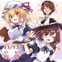 Rule 34 | 3girls, alternate costume, apron, black headwear, black ribbon, blonde hair, blush, bow, brown eyes, brown hair, cellphone, closed mouth, cup, enmaided, fedora, female focus, food, fruit, hat, hat bow, hat ribbon, highres, holding, holding tray, index finger raised, iphone, keyaki chimaki, lemon, lemon slice, looking at viewer, low twintails, maid, maid apron, maribel hearn, mob cap, multiple girls, neck ribbon, one eye closed, open mouth, phone, puffy short sleeves, puffy sleeves, red-framed eyewear, red ribbon, ribbon, short sleeves, smartphone, smile, teacup, teapot, touhou, tray, twintails, usami renko, usami sumireko, white bow, yellow eyes
