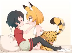 Rule 34 | 2girls, all fours, animal ears, arm support, black hair, black legwear, blonde hair, bow, bowtie, chis (js60216), closed eyes, commentary, food, from side, grey shorts, hand on another&#039;s face, heart, high-waist skirt, highres, kaban (kemono friends), kemono friends, kneeling, leaning back, leaning forward, pantyhose under shorts, miniskirt, mouth hold, multiple girls, no gloves, no shoes, on bed, pantyhose, pillow, pocky, pocky kiss, print legwear, print neckwear, print skirt, red shirt, serval (kemono friends), serval print, shared food, shirt, short hair, short sleeves, shorts, sitting, skirt, sleeveless, sleeveless shirt, tail, thighhighs, translated, white shirt, yellow eyes, yellow legwear, yellow neckwear, yellow skirt, yuri