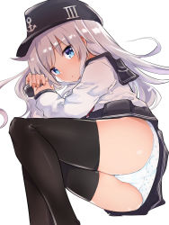 Rule 34 | 1girl, anchor symbol, ass, black hat, black sailor collar, black skirt, black thighhighs, blue eyes, blush, caburi, feet out of frame, flat cap, hat, hibiki (kancolle), kantai collection, long hair, long sleeves, looking at viewer, lying, neckerchief, on side, panties, parted lips, pleated skirt, polka dot, polka dot panties, sailor collar, school uniform, serafuku, shirt, silver hair, simple background, skirt, sleeves past wrists, solo, thighhighs, underwear, very long hair, white background, white panties, white shirt