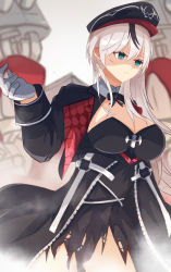 Rule 34 | 1girl, aqua eyes, arm up, azur lane, black dress, black jacket, breasts, cleavage, closed mouth, dress, gloves, hane (feathe02), hat, highres, jacket, long hair, looking away, medium breasts, military, military hat, military uniform, open clothes, open jacket, serious, simple background, solo, standing, thueringen (azur lane), torn clothes, torn dress, uniform, white gloves, white hair