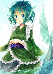 Rule 34 | 1girl, blue eyes, blue hair, fins, head fins, japanese clothes, long sleeves, matching hair/eyes, mermaid, monster girl, obi, open mouth, sash, short hair, smile, solo, suzuna951031, suzuna (mark of luck), touhou, wakasagihime, water